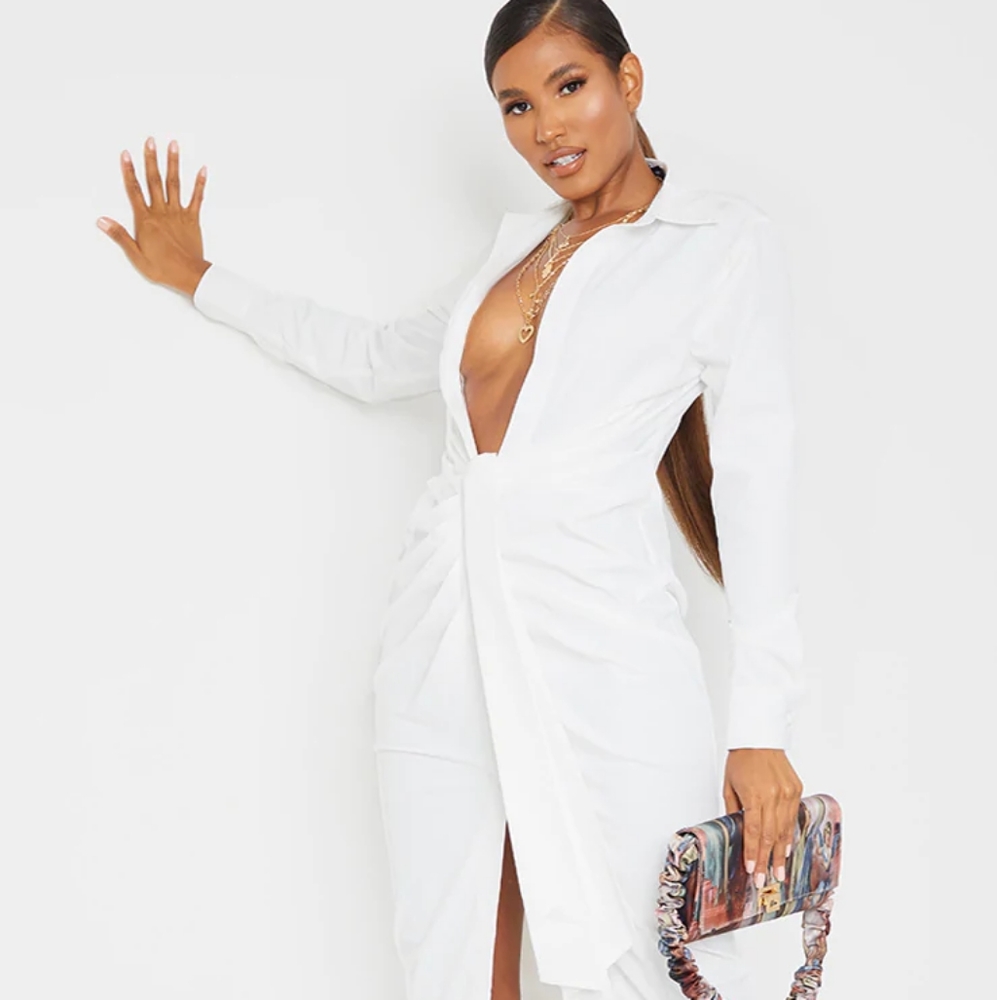 White Long Sleeve Plunge Drape Detail Midi Shirt D